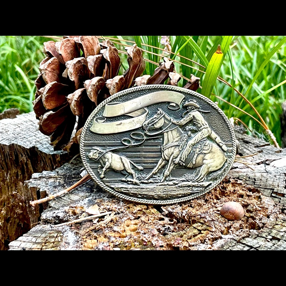 Vintage Brass Belt Buckle - Cattle Roundup
